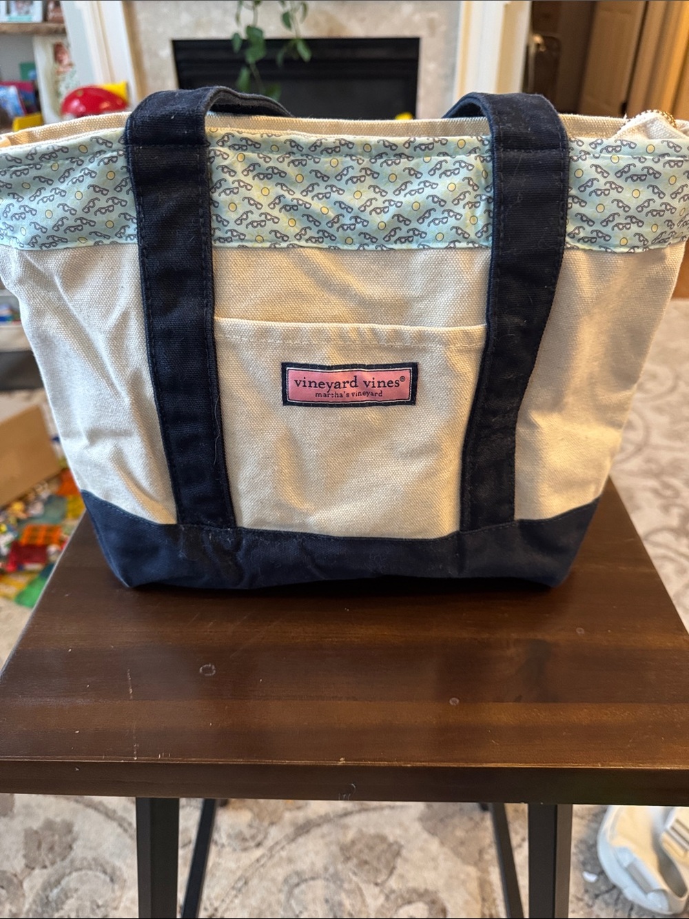 Vineyard Vines Canvas Tote in Navy, Cream & Pink Trim